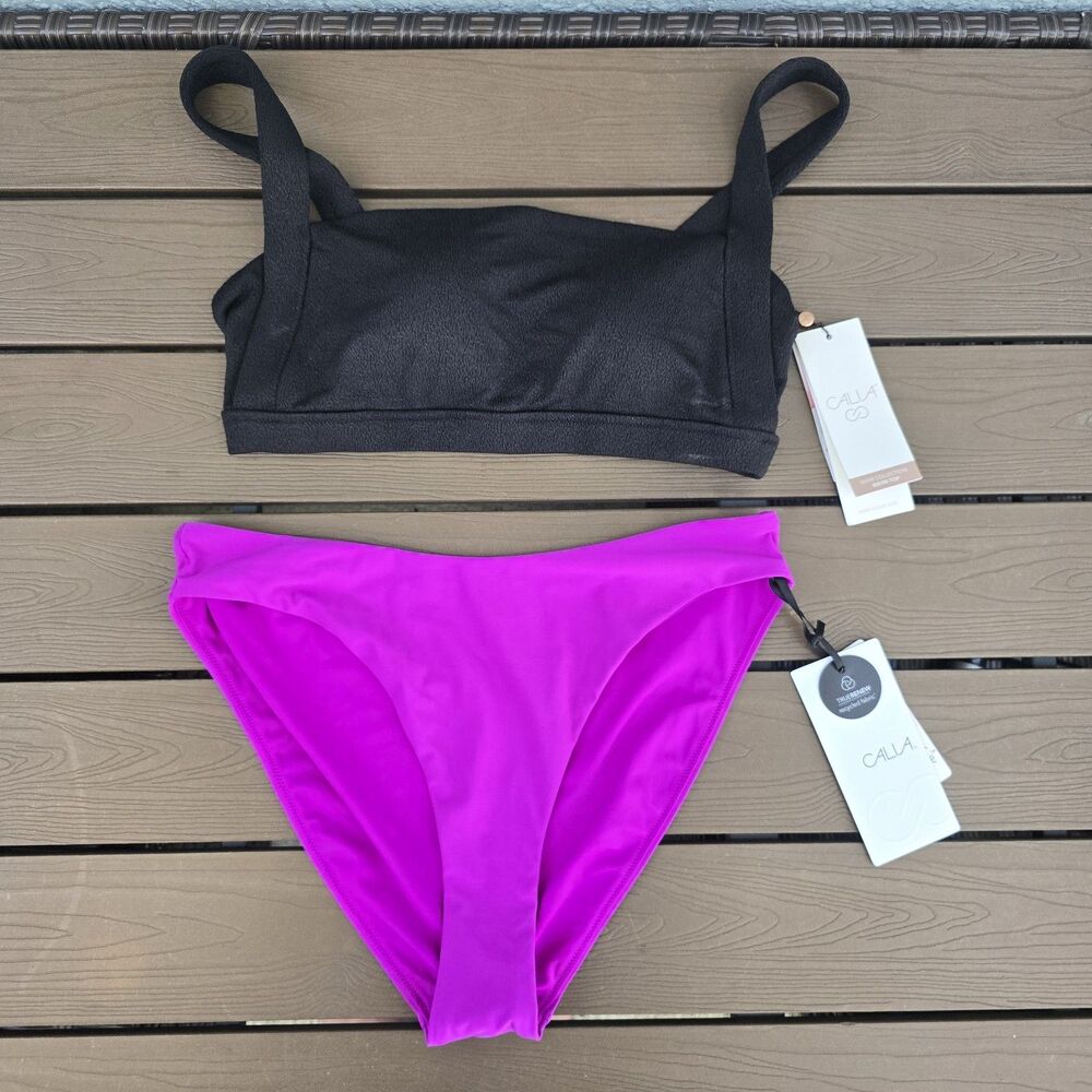CALIA Women's Black Square neck Top & Electric Orchid Low Rise Bikini Sz M New